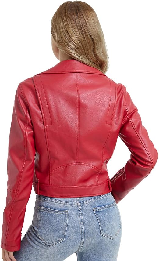 Women Faux Leather Jacket Slim Belted PU Moto Coat