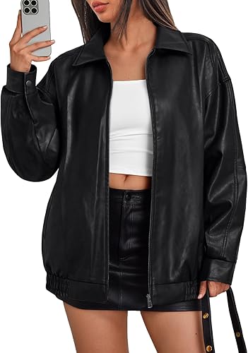 Trendy Queen Womens Oversized Leather Jacket Moto Bomber Coat Fall&Winter