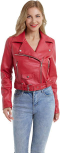 Women Faux Leather Jacket Slim Belted PU Moto Coat