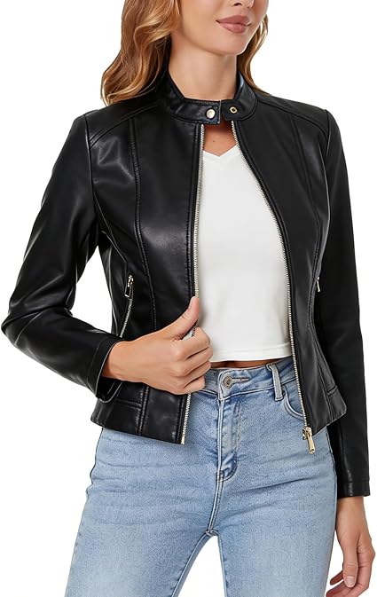 Faux Leather Jacket Women Cropped Motorcycle Biker Outwear