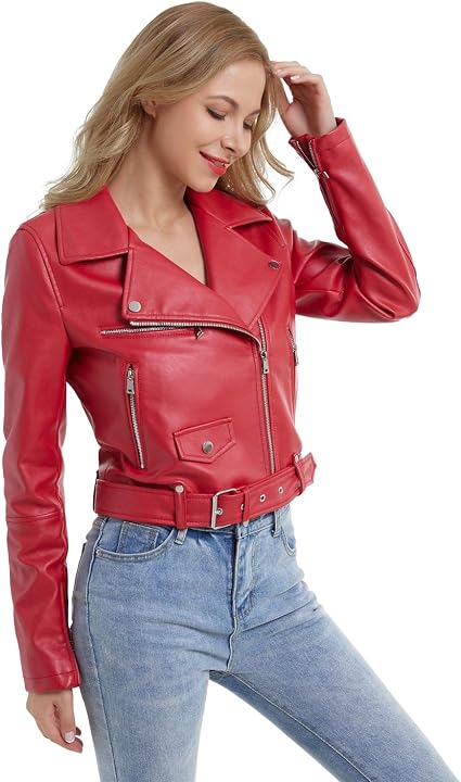 Women Faux Leather Jacket Slim Belted PU Moto Coat