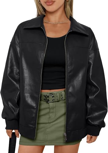 Womens Leather Jackets Oversized Zip Up Faux Bomber Coats