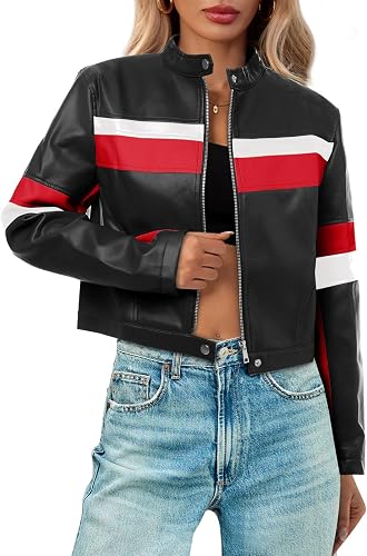 Womens Cropped Moto Biker Jackets Faux Leather Bomber Jacket Color Block Vintage Racing Coats