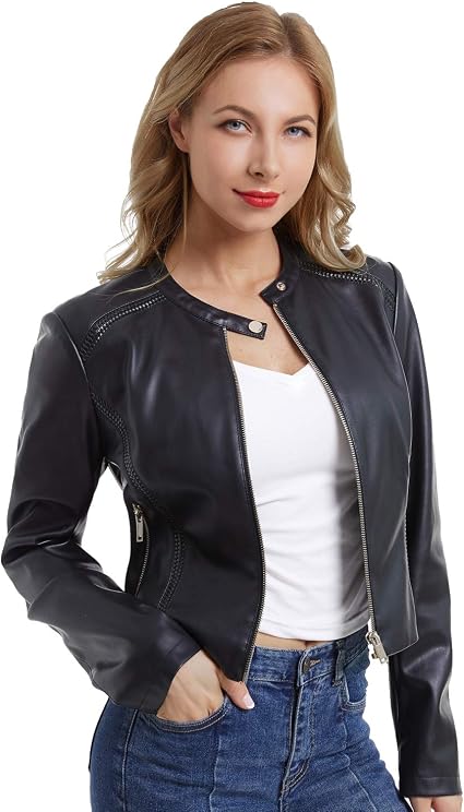 Faux Leather Jacket Women Cropped Motorcycle Biker