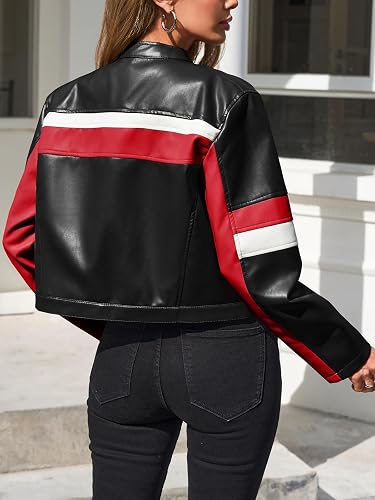 Womens Cropped Moto Biker Jackets Faux Leather Bomber Jacket Color Block Vintage Racing Coats